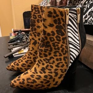 Chic Leopard Print and Black faux Suede Ankle Boots with Gold Zipper Detail